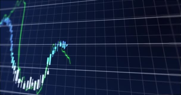 用绿色 粉色和蓝色的股票和图表刺激股票市场 在股票交易所的价格在黑色背景下上下波动 — 图库视频影像
