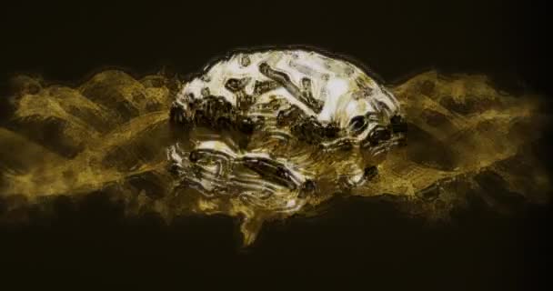 背景に黄色のコロナウイルスDna鎖上に回転する3D黄色の金属人間の頭蓋骨のアニメーション — ストック動画