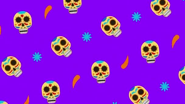 紫色の背景に斜めに下に移動メキシコの頭蓋骨 青い星と唐辛子の複数の行のアニメーション — ストック動画