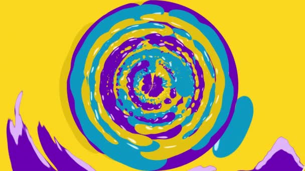 Animation d'un mouvement rétro hypnotique de multiples éclaboussures de peinture jaune vif, bleu et violet coulant en boucle transparente .