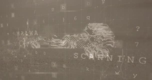 ワード上のコンピュータプロセッサ回路基板のアニメーション茶色の背景にスキャン マルウェア検出 ファイアウォールを無効にします — ストック動画