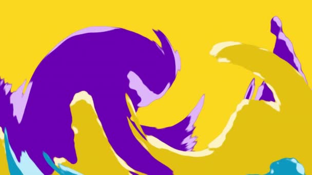 Animation d'un mouvement rétro hypnotique de multiples éclaboussures de peinture jaune vif, bleu et violet coulant en boucle transparente .
