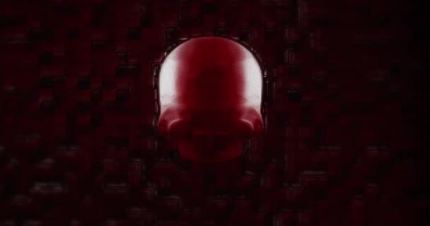 背景にある赤いコロナウイルス細胞を回転させる三次元赤いヒト頭蓋骨のアニメーション — ストック動画