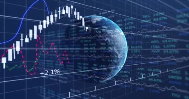 Küre Beyaz Borsa Saatleri Grafikleriyle Borsa Görüntülerinin Animasyonu Mavi Arka — Stok video