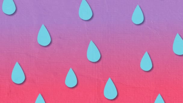 파란색 빗방울 배열되어 물결치지 속으로 떨어지는 연분홍빛 배경에 보라색의 경사도에 — 비디오