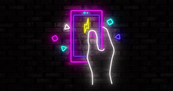 Animazione Uno Schermo Retrò Neon Rosa Viola Turchese Con Videogiochi — Video Stock