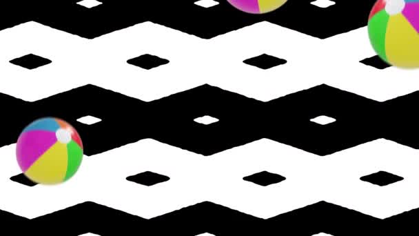 催眠術的な黒と白の変化パターンの背景に繰り返しシームレスなループで移動する複数の色のビーチボールの落下のレトロ催眠運動のアニメーション — ストック動画