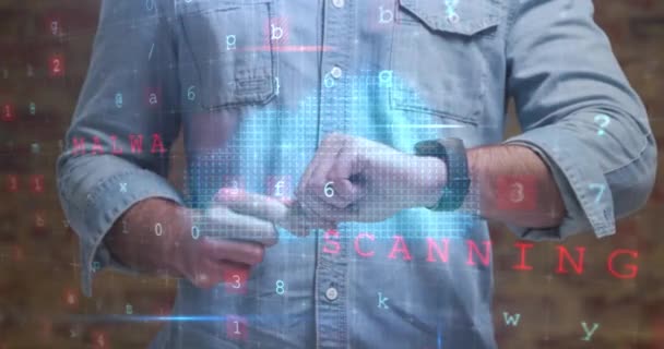 Animação Homem Verificando Seu Smartwatch Ícone Escudo Segurança Line Interface — Vídeo de Stock