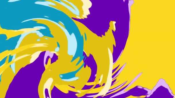 Animation d'un mouvement rétro hypnotique de multiples éclaboussures de peinture jaune vif, bleu et violet coulant en boucle transparente .