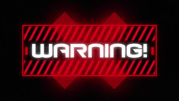 Animation Word Warning White Letters Red Glowing Striped Rectangle Black — Stock Video