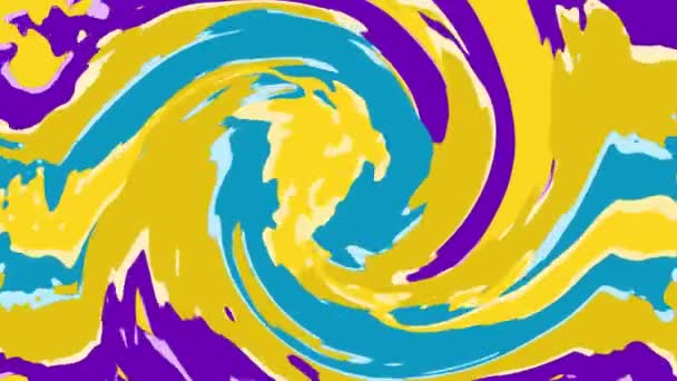 Animation d'un mouvement rétro hypnotique de multiples éclaboussures de peinture jaune vif, bleu et violet coulant en boucle transparente .