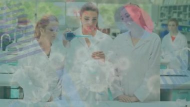 Veri işleme animasyonu, Coronavirus Covid-19 arka planda bir laboratuvarda çalışan bir grup kadın doktora yayılıyor..