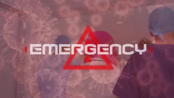 Animazione Della Parola Emergenza Scritta Bianco Triangolo Rosso Coronavirus Covid — Video Stock