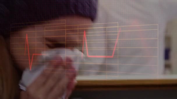 Animation d'une femme éternuant et se mouchant dans un tissu sur un moniteur de battement de coeur en arrière-plan avec le coronavirus Covid-19 se propageant .