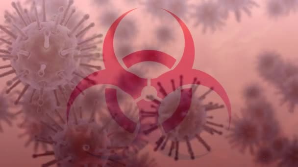 Анимация Красного Знака Опасности Здоровья Макрокоронавирусом Covid Клеток Распространяющихся Красном — стоковое видео