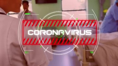 Coronavirus kelimesinin kırmızı çerçeveli beyaz hali hastane odasında yürüyen bir kadın doktorun üzerinde ve Coronavirus Covid-19 yayılarak canlandırılması..