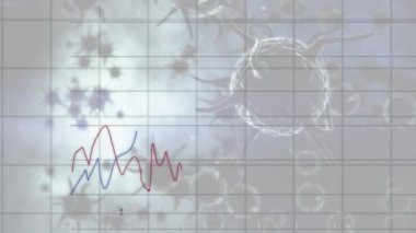 Coronavirus Covid-19 'un makro hücrelerinin canlandırılması ve borsanın kırmızı ve mavi borsa işaretleri ve grafikleri ile sergilenmesi, borsada fiyat yükselip düşüyor..