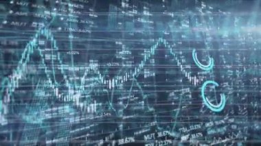 Borsa rakamları ve grafikleri olan borsa görüntülerinin animasyonu, borsada yükselen ve düşen fiyat arka planda veri kaydeden bilgisayar işlemcileri üzerinden.
