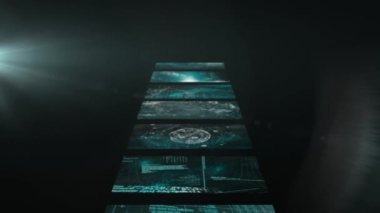 İnsan gözü, CCTV kamerası, dijital veri işleme, dünya haritası, kusursuz döngü içinde hareket eden borsa görüntülerinin animasyonu. 