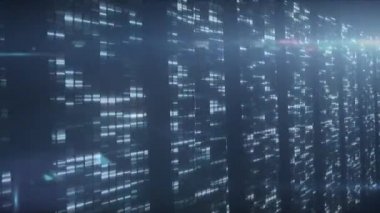 Bilgi işleme ve dijital bilginin animasyonu bir sunucu odasındaki bilgisayar sunucu ağında yüzey üzerinde ışık izleri parlayarak akıyor.. 