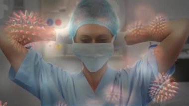 Makro koronavirüs Covid-19 hücrelerinin kadın doktora yayılması arka planda yüz maskeleri takması. 
