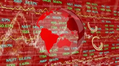 Hisse senedi piyasasının rakamlar ve grafiklerle canlandırılması, borsada yükselen fiyat, arka planda dönen dünya ve veri kaydı.. 