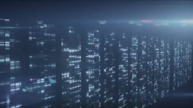 Bilgi işleme ve dijital bilginin animasyonu bir sunucu odasındaki bilgisayar sunucu ağında yüzey üzerinde ışık izleri parlayarak akıyor.. 