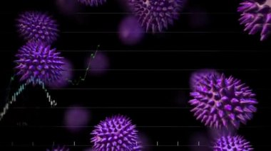 Coronavirus Covid-19 'un makro mor hücrelerinin canlandırılması ve borsanın kırmızı, mavi ve yeşil borsa işaretleri ve grafikleri ile sergilenmesi, borsada fiyat yükselip düşüyor.. 