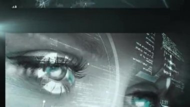 İnsan gözü, CCTV kamerası, dijital veri işleme, dünya haritası, kusursuz döngü içinde hareket eden borsa görüntülerinin animasyonu.