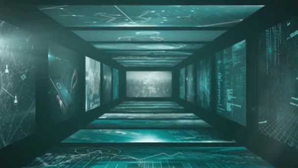 Animation d'écrans avec réseau de connexions, traitement numérique des données, affichage numérique de la tablette se déplaçant en boucle transparente . 