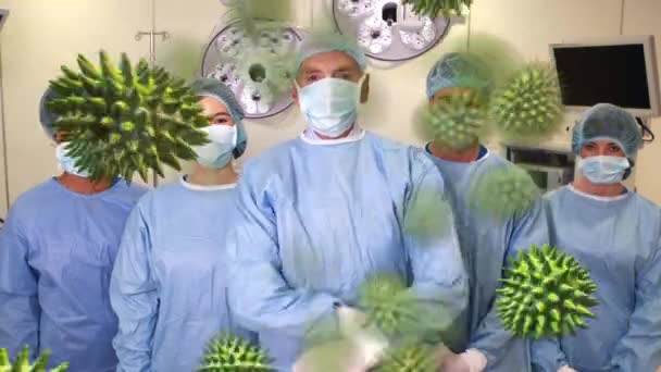 Animação Macrocoronavírus Células Covid Espalhadas Por Médicos Masculinos Femininos Vestindo — Vídeo de Stock