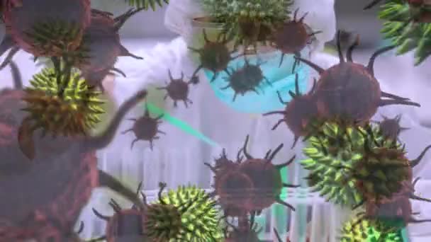 Animacja Makrokoronawirusów Komórki Covid Rozłożone Kobiety Naukowca Lekarza Pracującego Laboratorium — Wideo stockowe