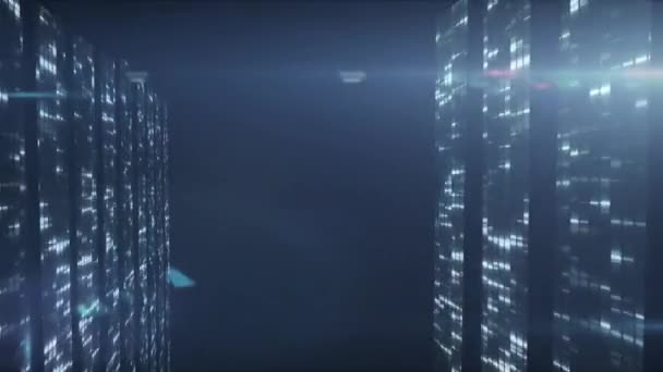 Animation du traitement des données et de l'information numérique circulant à travers le réseau de serveurs informatiques dans une salle de serveurs avec des pistes lumineuses clignotantes à la surface . 