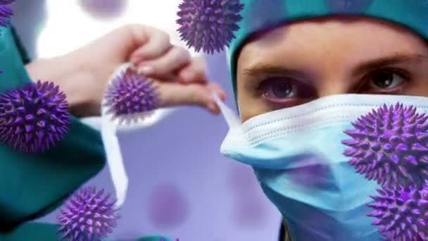 Animation Cellules Macro Coronavirus Covid Propageant Sur Une Femme Médecin — Video