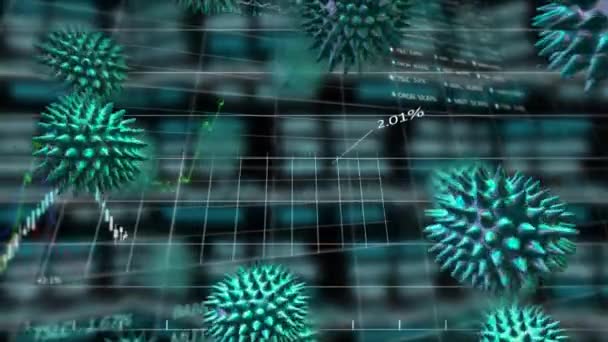 Animação Células Macroverdes Coronavírus Covid Espalhando Exibição Mercado Ações Com — Vídeo de Stock