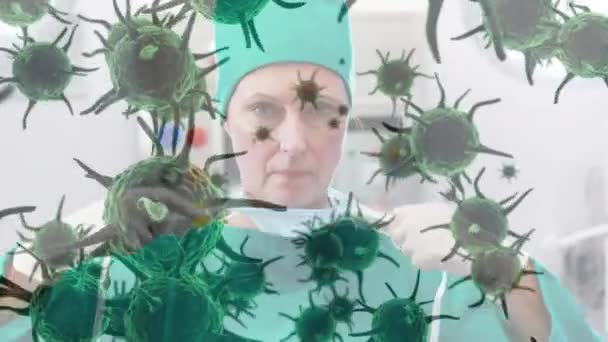 Animación Células Macro Coronavirus Covid Extendiéndose Sobre Médico Femenino Poniéndose — Vídeos de Stock