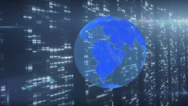 Animation Globe Bleu Sur Traitement Des Données Information Numérique Circulant — Video