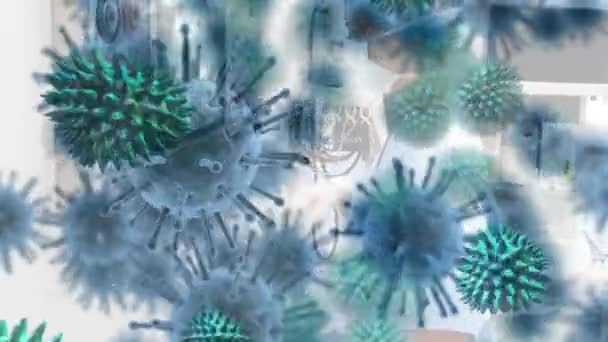 Animación Del Macrocoronavirus Células Covid Extendiéndose Sobre Doctora Usando Ropa — Vídeos de Stock