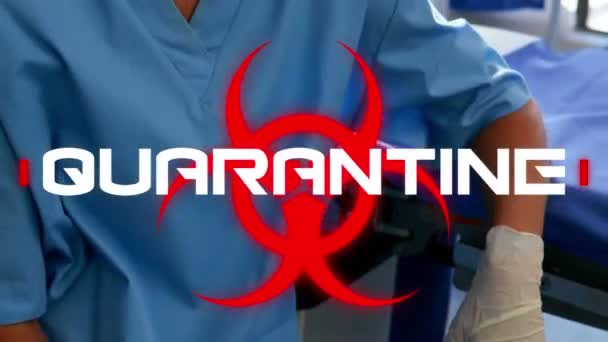 Animation Word Quarantine Written White Letters Red Health Hazard Sign — Stock Video