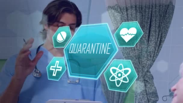 Animation Green Medical Icons Word Quarantine Written White Coronavirus Covid — Stock Video