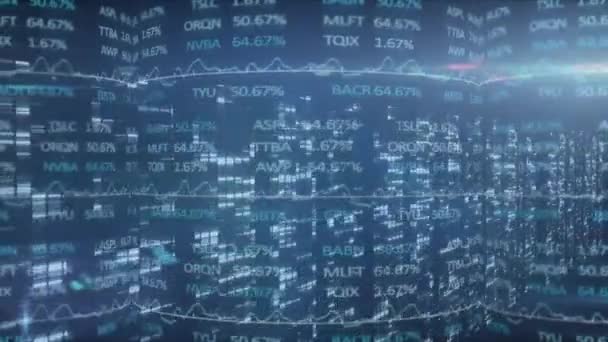 株式市場の数字とグラフと株式市場の表示のアニメーション 背景にデータを記録するコンピュータプロセッサ上の株式交換で価格が上下に移動します — ストック動画