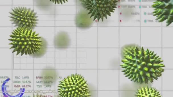 Animacja Makrozielonych Komórek Koronawirusa Covid Rozprzestrzeniających Się Przetwarzających Dane Rejestrujących — Wideo stockowe