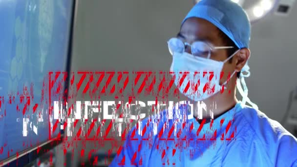 Enfeksiyon Sözcüğünün Animasyonu Kırmızı Çerçeveli Beyaz Harflerle Yazılmış Yüz Maskesi — Stok video