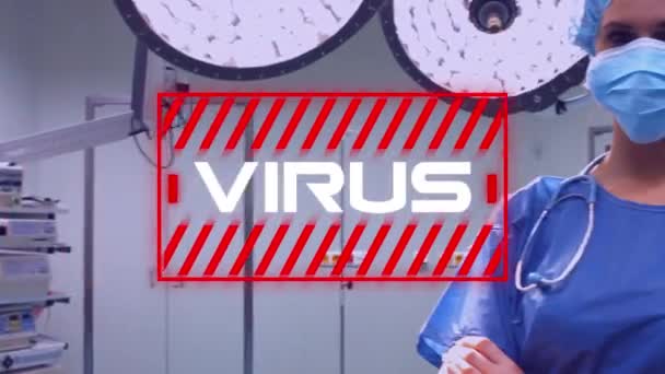 Animation Word Virus Written White Letters Red Frame Female Doctor — Stock Video