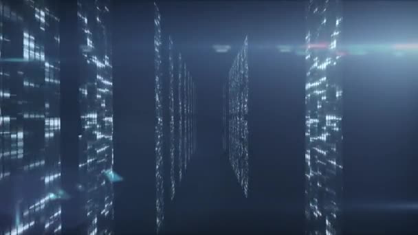 光路が水面上に点滅するサーバールーム内のコンピュータサーバーのネットワークを介して流れるデータ処理とデジタル情報のアニメーション — ストック動画