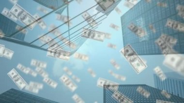 Modern ofis binaları ve mavi gökyüzü düşük açılı dönen Amerikan dolar banknotlarıyla oluşan bir dünya animasyonu. Küresel finans sektörü borsa durgunluğu dijital bileşik.