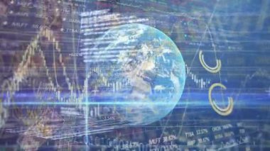 Küresel dönüşün animasyonu, yeşil ve mavi borsa rakamları ve grafikleri olan borsa görüntüsü, borsada yükselen ve inen fiyat mavi arkaplan üzerine kayıt verileri.