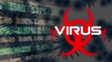 Virüs kelimesinin kırmızı sağlık tehlikesi işareti üzerine beyaz harflerle yazılmasının animasyonu, fiyatların değişmesiyle borsa dijital ekranı, Coronavirus Covid-19 hücrelerinin yayılması.