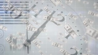 Amerikan dolar banknotlarının hareketli animasyonu, veri işleme ve saat gri arkaplan üzerinde hareket eden istatistik kaydı. 