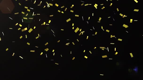 Animatie Van Gouden Confetti Vallen Met Gloeiende Gele Schijnwerpers Bewegen — Stockvideo